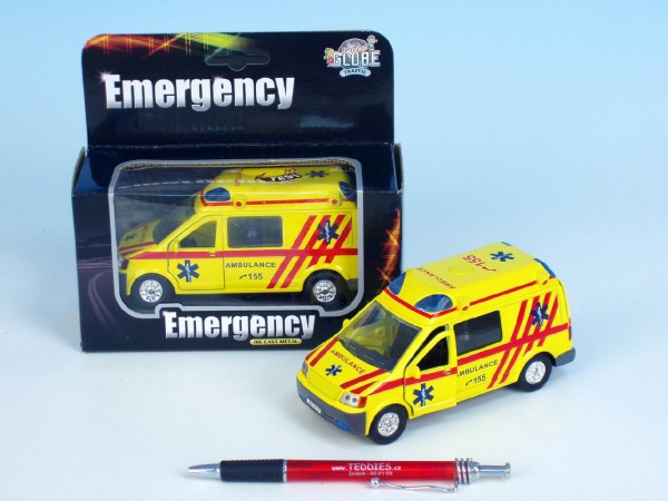Auto ambulance kov 14cm na zpětné natažení na baterie 3xLR41 se zvukem se světlem v krabici