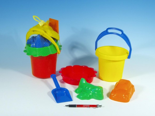 Sada na písek - kbelík, sítko, lopatka, 2 bábovky plast asst 4 barvy v síťce 18m+
