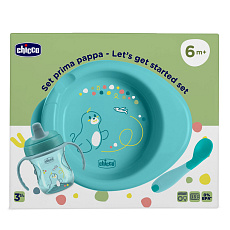 CHICCO Startovní set - talíř, láhev a lžička blue 6m+ CHICCO Startovní set - talíř, láhev a lžička blue 6m+
