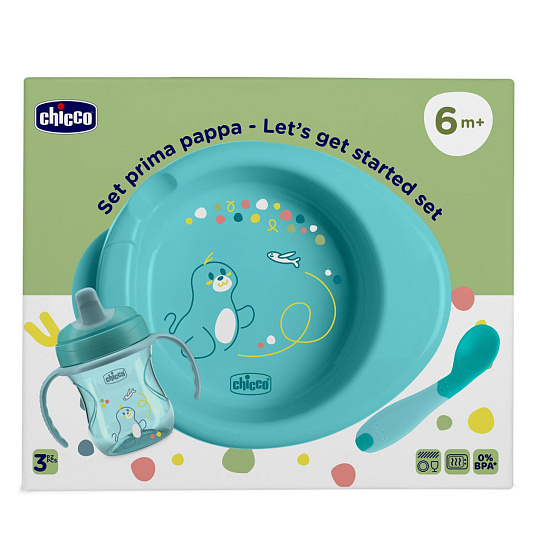 CHICCO Startovní set - talíř, láhev a lžička blue 6m+ CHICCO Startovní set - talíř, láhev a lžička blue 6m+