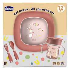 CHICCO Set jídelní - miska, talíř, láhev a příbor pink 12m+ CHICCO Set jídelní - miska, talíř, láhev a příbor pink 12m+