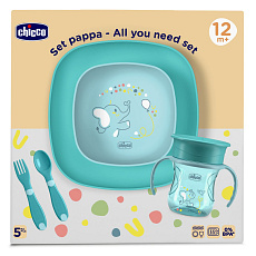 CHICCO Set jídelní - miska, talíř, láhev a příbor blue 12m+ CHICCO Set jídelní - miska, talíř, láhev a příbor blue 12m+