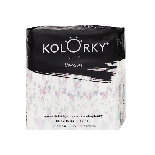 KOLORKY Pleny jednorázové noční EKO, jednorožci XL (12-16 kg) - 17 ks KOLORKY Pleny jednorázové noční EKO, jednorožci XL (12-16 kg) - 17 ks