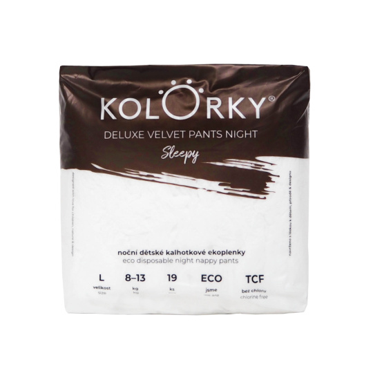 KOLORKY Ekopleny kalhotkové noční jednorázové Deluxe Velvet Pants, Sleepy, L (8-13 kg) - 19 ks KOLORKY Ekopleny kalhotkové noční jednorázové Deluxe Velvet Pants, Sleepy, L (8-13 kg) - 19 ks
