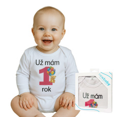 Body s potiskem New Baby Už mám 1 rok růžové - dárkové balení
