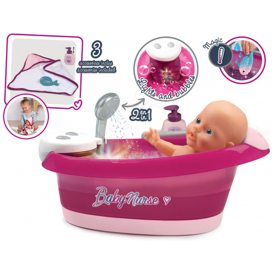 Smoby SM220362 Vanička s tekoucí vodou elektronická Violette Baby Nurse  s jacuzzi koupelí a Led osvětlením pro 42 cm panenku