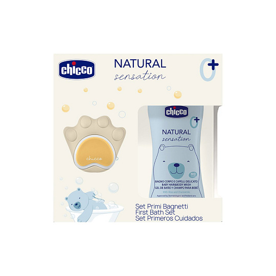 CHICCO Sada dárková kosmetiky Natural Sensation + silikonová mycí houbička tlapka
