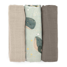 PETITE&MARS Sada plen bambusová mušelínová 3ks Moussy Whale Song 68 x 68 cm