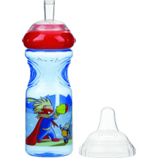 NUBY Netekoucí láhev se silikonovým pítkem 300 ml, 9 m+, modrá s červeným víčkem – superhrdina