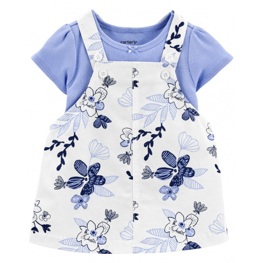 CARTER'S Set 2dílný body kr. rukáv, šaty na kšandy Blue Floral dívka NB/ vel. 56