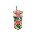 Skleněný cestovní hrnek s brčkem Liquid Cube Pink Jungle Flora 540 ml