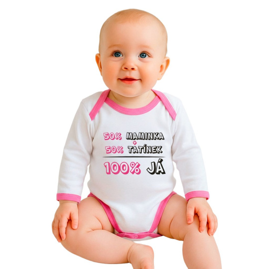 Body s potiskem New Baby 50% MAMINKA + 50% TATÍNEK - 100% JÁ růžové
