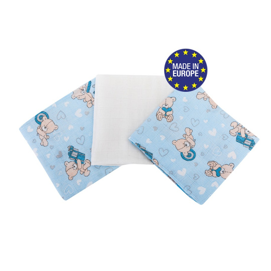 Bomimi Pleny bavlna Premium 140 g/m2 potisk, 80x70, 3ks, MEDVÍDEK-MODRÁ
