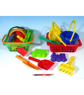 Košík sada - 2 bábovky rýč lopatka hrabičky sítko kbelík nákupní košík plast 12m+ Košík sada - 2 bábovky rýč lopatka hrabičky sítko kbelík nákupní košík plast 12m+
