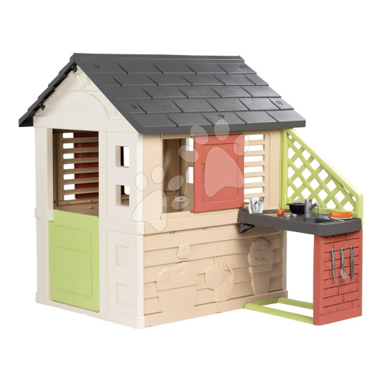 Smoby Domeček s kuchyňkou a 17 doplňků Nature Playhouse&Kitchen Life  3 okna se 2 žaluziemi a posuvnými okenicemi s UV filtrem od 24 měsíců – model 2025