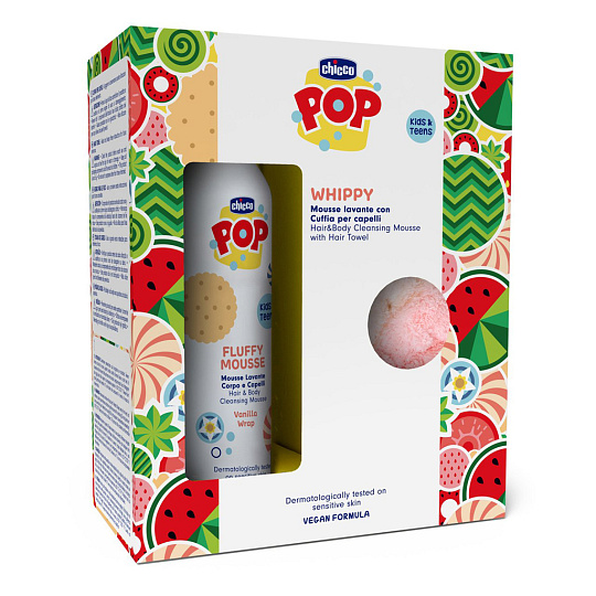 CHICCO Pěna na vlasy a tělo POP Vanilla Fluffy 200ml s ručníkem na vlasy CHICCO Pěna na vlasy a tělo POP Vanilla Fluffy 200ml s ručníkem na vlasy