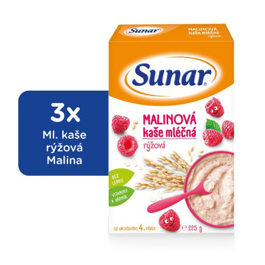 3x SUNAR Kaše mléčná rýžová malinová 225 g