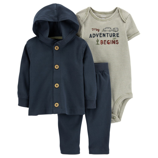 CARTER'S Set 3dílný body kr. rukáv, cardigan, tepláky Navy Adventure kluk 9m