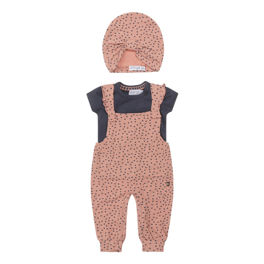 DIRKJE Set 2.d. tričko kr. rukáv + kalhoty na kšandy + čepice turban starorůžová holka vel.56