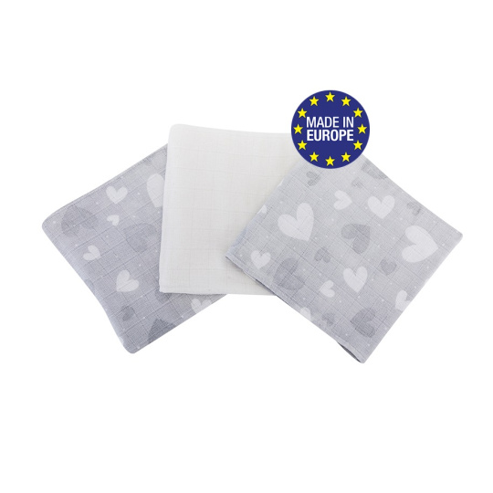 Bomimi Pleny bavlna Premium 140 g/m2 potisk, 80x70, 3ks,  SRDÍČKO-ŠEDÁ