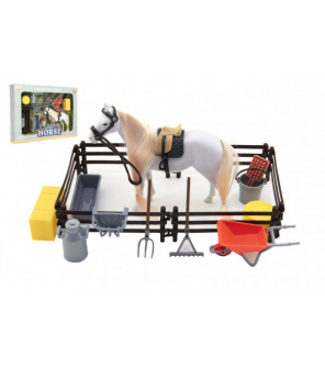 Kůň česací bílý plast s doplňky a ohradou v krabici 34x25x5cm Kůň česací bílý plast s doplňky a ohradou v krabici 34x25x5cm