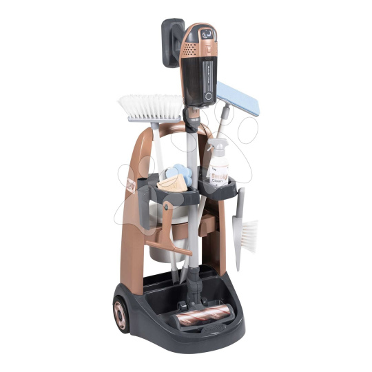 Smoby Úklidový vozík s tyčovým vysavačem Rowenta Trolley Upright Hoover  s realistickým zvukem se smetákem mopem a 10 doplňků 