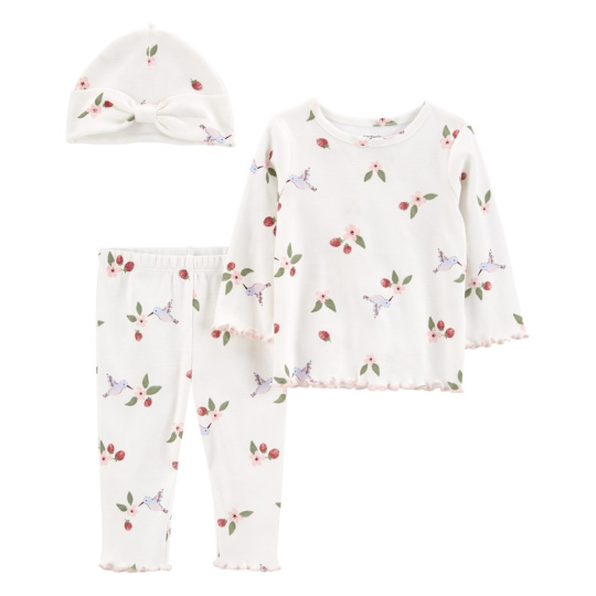 CARTER'S Set 3dílný triko dl. rukáv, legíny, čepice White Hummingbird holka NB/ vel. S 56