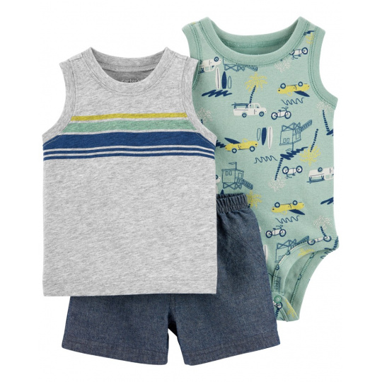 CARTER'S Set 3dílný body bez rukávů, tílko, kraťasy Grey Cars kluk 12m