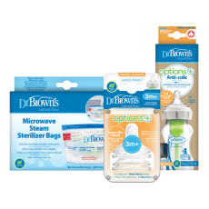 DR.BROWN’S Láhev kojenecká sklo 270ml +Savičky na láhev level-2 2ks +Sáčky na sterilizaci lahví 5ks