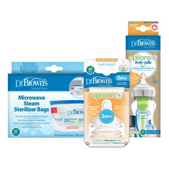 DR.BROWN’S Láhev kojenecká sklo 270ml +Savičky na láhev level-2 2ks +Sáčky na sterilizaci lahví 5ks