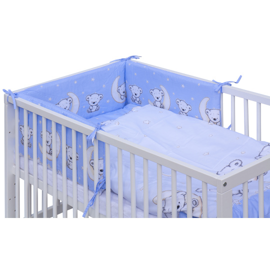 Dětská postýlka s vyndavacími příčkami - bílá - 120x60 cm s kompletní výbavou Toro Barva soupravy: Toro modrá Dětská postýlka s vyndavacími příčkami - bílá - 120x60 cm s kompletní výbavou Toro Barva soupravy: Toro modrá