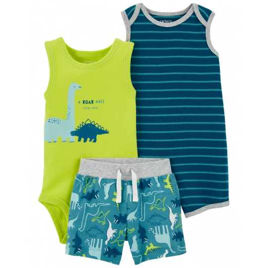 CARTER'S Set 3dílný overal letní kr. rukáv, body bez rukávů, kraťasy Stripes Dinos kluk 24m