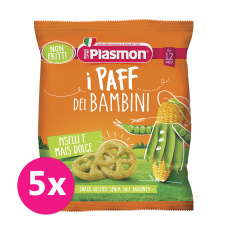 5x PLASMON Křupky zeleninové bezlepkové na cesty Paff hrášek 56% a kukuřice 15g, 12m+ 5x PLASMON Křupky zeleninové bezlepkové na cesty Paff hrášek 56% a kukuřice 15g, 12m+