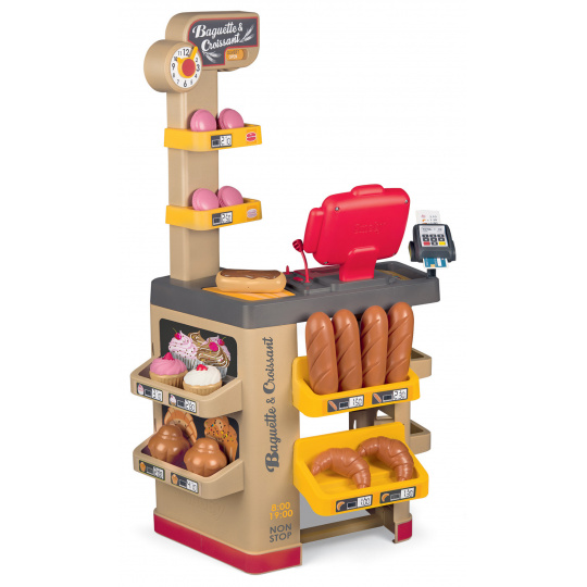 Smoby SM350220 Pekárna s koláči Baguette&Croissant Bakery  s elektronickou pokladnou, hodinami a 26 doplňků