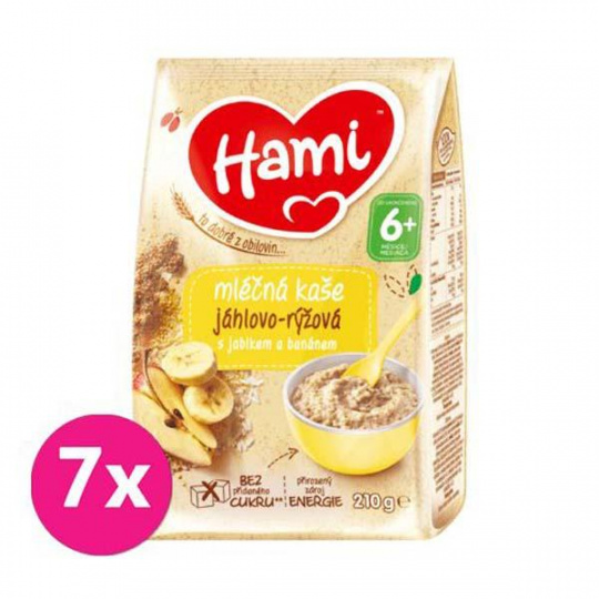 7x HAMI Kaše mléčná jáhlovo-rýžová s jablkem a banánem 210 g, 6+