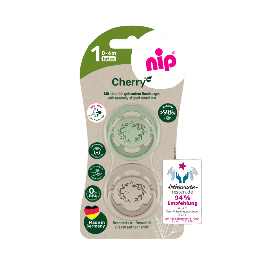 NIP CHERRY NATURE line šidítko, kaučuk,velikost 1 (0-6m), 2ks, green/brown