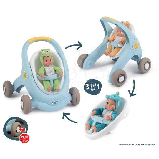 SMOBY 210207 Croc Baby Walker MiniKiss 3in1 Chodítko a kočárek pro panenku s brzdou 12m+