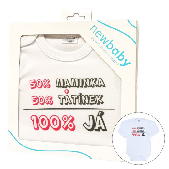 Body s potiskem New Baby 50% MAMINKA + 50% TATÍNEK - 100% JÁ růžové - dárkové balení