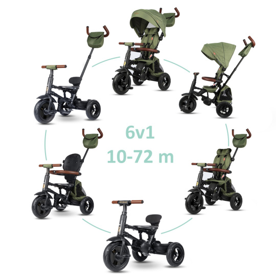 QPLAY Tříkolka Rito Deluxe Olive, 6 v 1, věk 10-72 měsíců