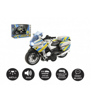 Motorka policejní 12cm kov/plast na zpětné nat. na baterie se světlem se zvukem CZ v krabičce 15x11 Motorka policejní 12cm kov/plast na zpětné nat. na baterie se světlem se zvukem CZ v krabičce 15x11