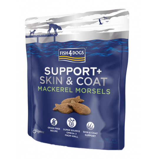 FISH4DOGS Pamlsky pro psy SUPPORT+ srst a kůže makrela 225 g