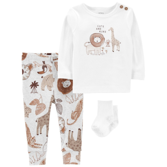 CARTER'S Set 3dílný triko kr. rukáv, tepláky, ponožky White Safari neutrál 12m