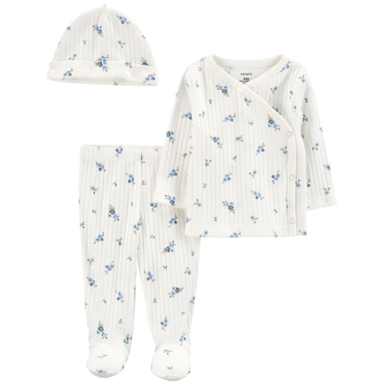 CARTER'S Set 3dílný triko dl. rukáv, polodupačky, čepice Blue Flowers holka PRE/vel. 46
