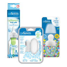 DR.BROWN'S Set láhev plast 250 ml + Savička FreshFirst tyrkys + Prstový zubní kartáček