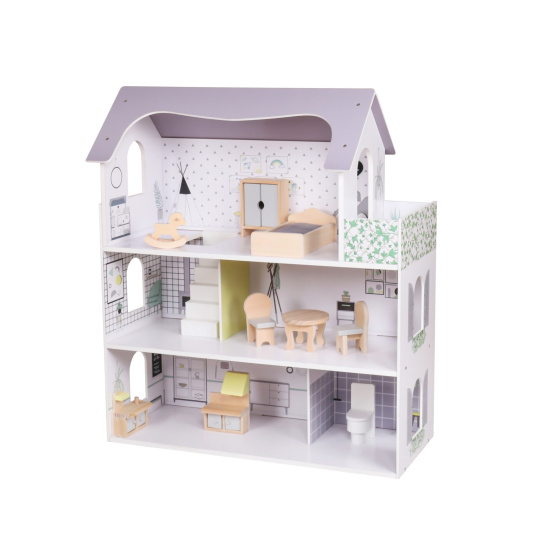 Dřevěný domeček pro panenky s nábytkem Rose Montessori Baby Mix