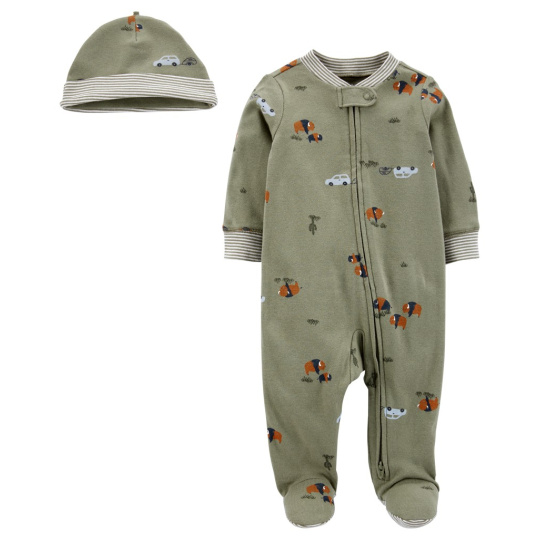 CARTER'S Set 2dílný overal na zip, čepice Green Buffalo kluk PRE/vel. 46