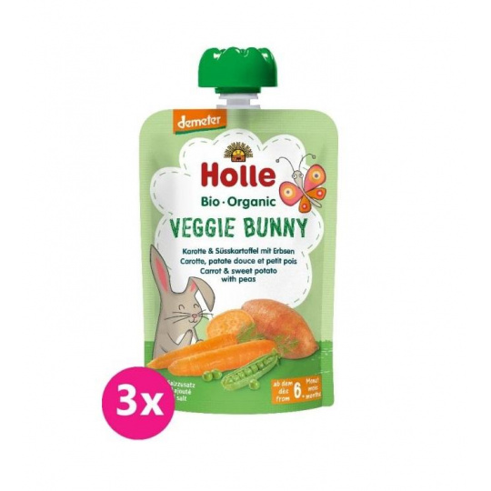3x HOLLE Bio-Organic Veggie Bunny pyré mrkev, batáty a hrášek, 100 g (6m+)