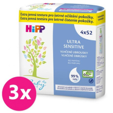 3x HiPP Babysanft Ultra sensitive vlhčené ubrousky bez parfému (4x 52 ks)