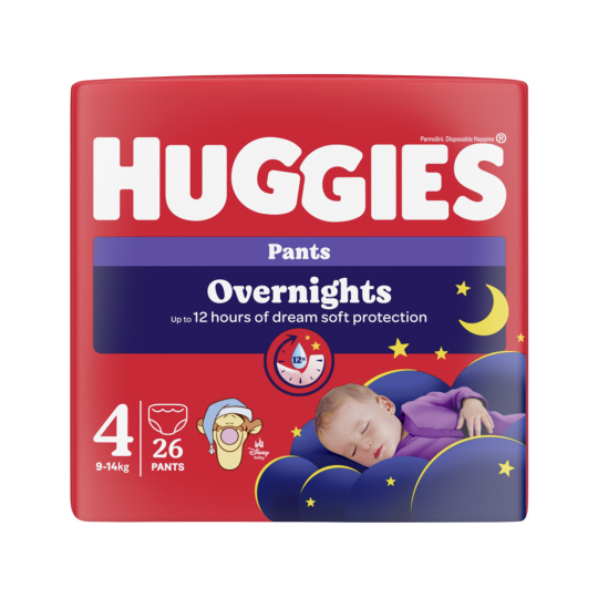 HUGGIES® Kalhotky plenkové noční Overnights Pants vel. 4 (9-14 kg), 26 kusů