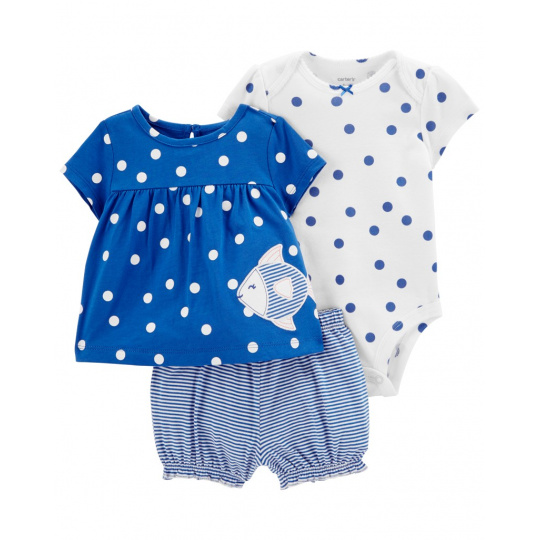 CARTER'S Set 3dílný body kr. rukáv, triko kr. rukáv, kraťasy Blue Dot Fish holka 6m